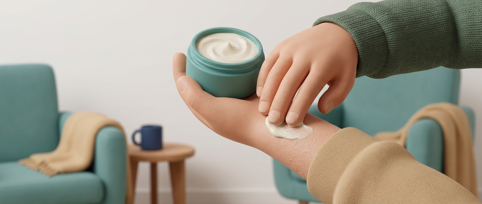 Illustration 3D d’une main appliquant une crème émolliente sur un avant-bras à la peau sèche