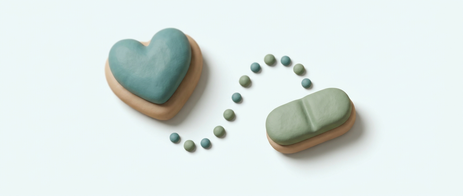 Illustration 3D symbolique d'un cœur stylisé relié à un comprimé neutre, évoquant une vérification de sécurité cardiovasculaire