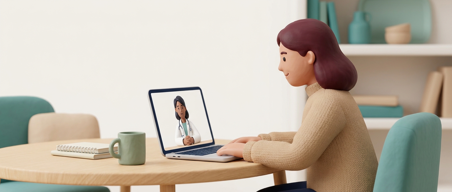 Illustration 3D d'une consultation médicale en visioconférence depuis le domicile, symbolisant le diagnostic d'une chute de cheveux