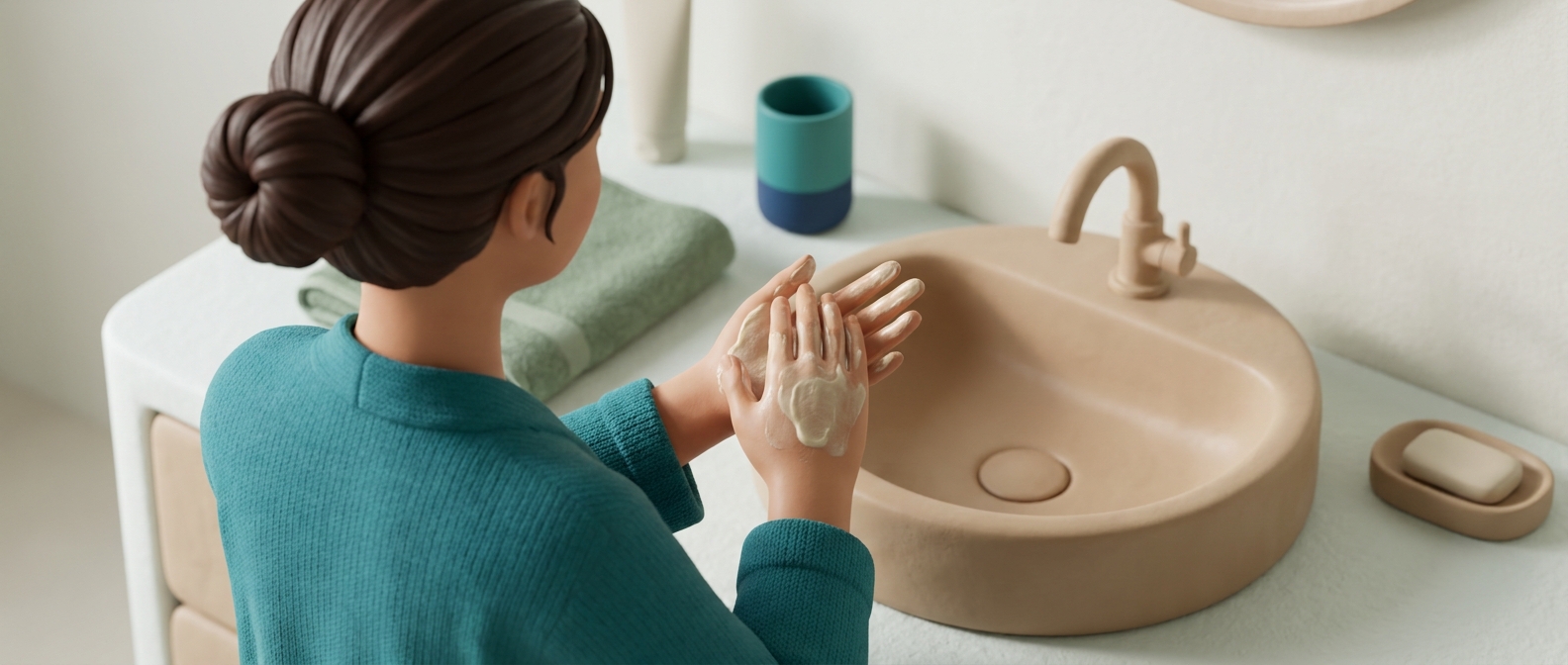 Illustration 3D d'une personne de dos appliquant une crème hydratante sur ses mains devant un lavabo, sans visage identifiable