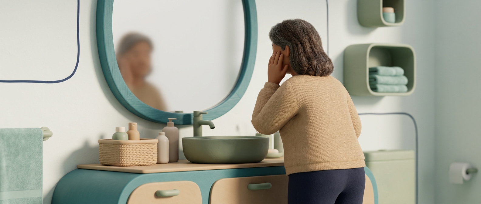Illustration 3D d'une personne de trois quarts dos observant sa joue dans un miroir de salle de bain