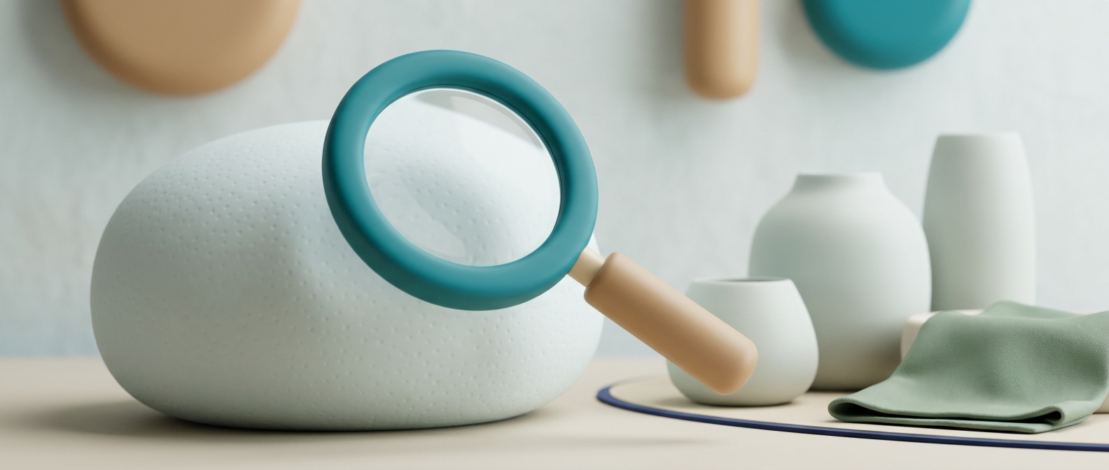 Illustration 3D d’une loupe posée au-dessus d’une surface évoquant le grain de peau et ses pores