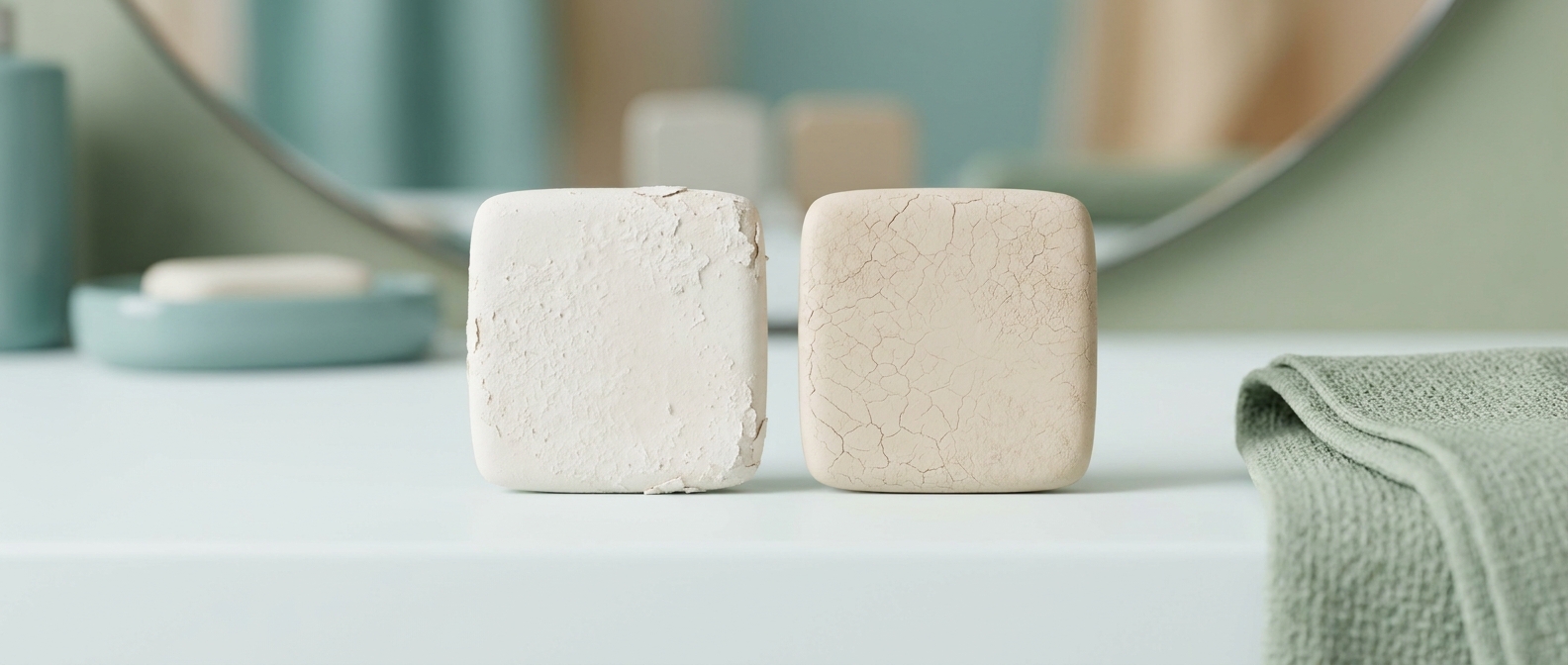 Illustration 3D de deux échantillons de texture côte à côte, l'un rugueux et l'autre finement craquelé, symbolisant la peau sèche et la peau déshydratée