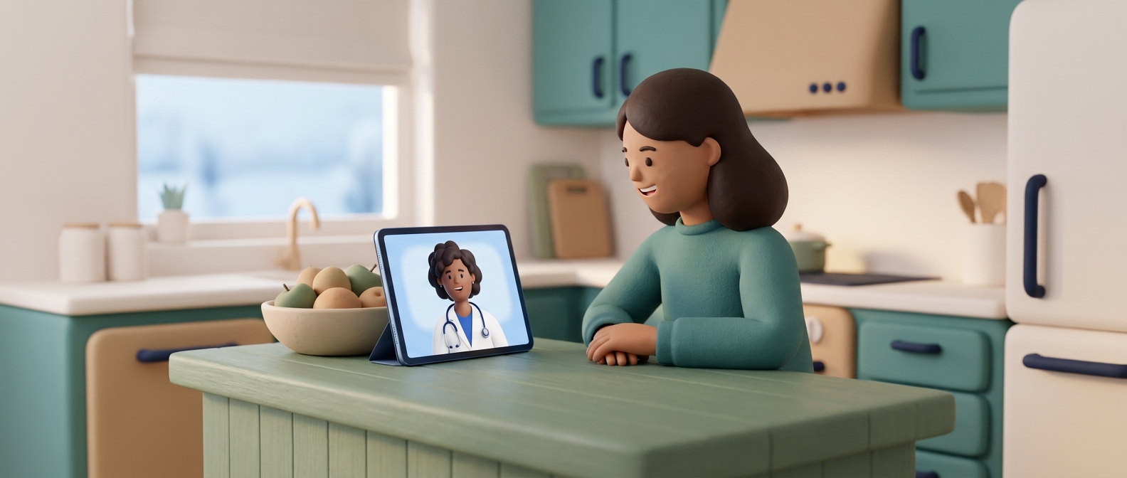 Illustration 3D d'une personne en téléconsultation vidéo avec un médecin bienveillant, dans une cuisine lumineuse