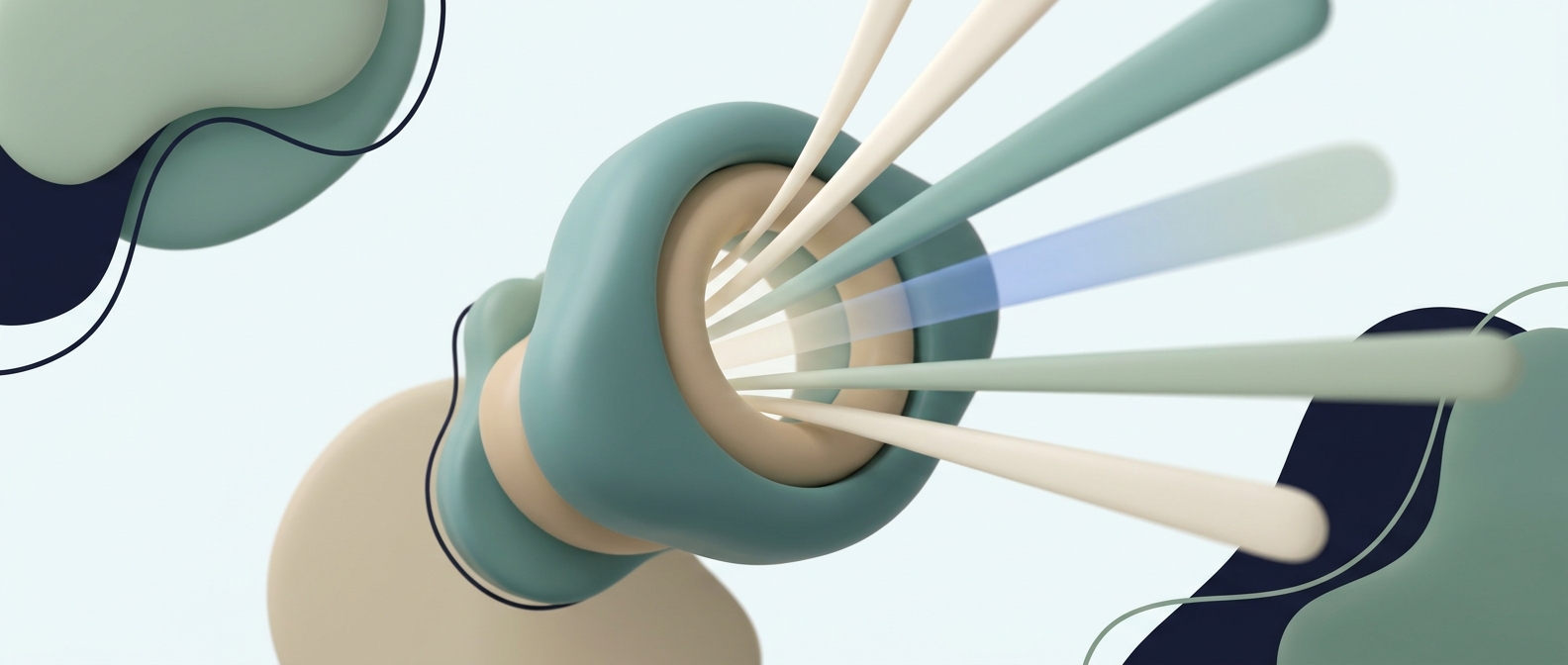 Illustration 3D symbolique d'une lentille stylisée traversée par des rayons de lumière, l'un teinté de bleu, évoquant la perception visuelle