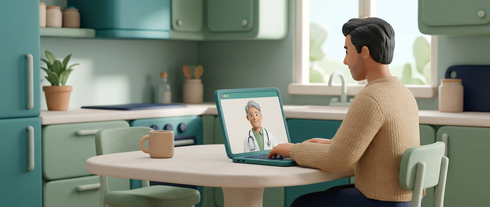 Illustration 3D d'un homme en téléconsultation vidéo à domicile avec un médecin bienveillant