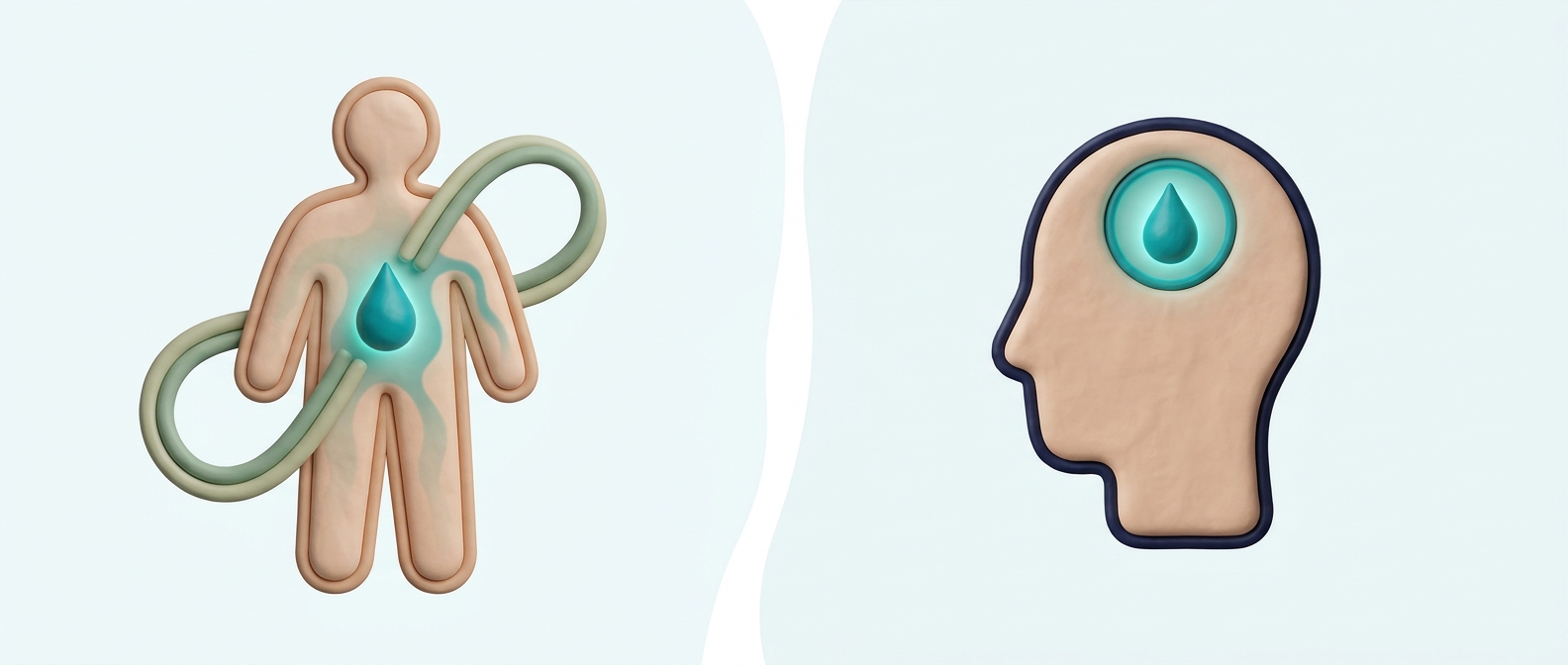 Illustration 3D symbolique comparant une action systémique diffuse dans tout le corps et une action locale concentrée sur le cuir chevelu