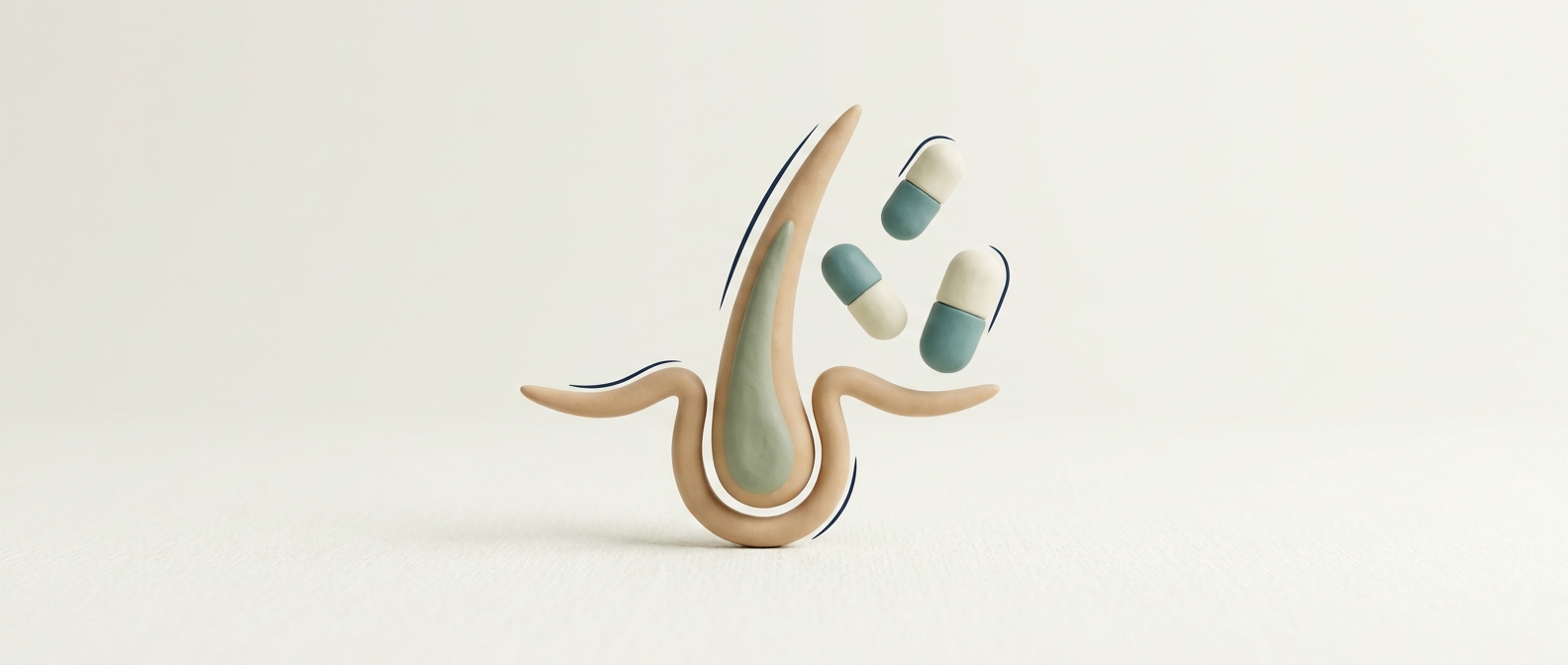 Illustration 3D symbolique d'un follicule capillaire stylisé et de formes de gélules séparées par un espace