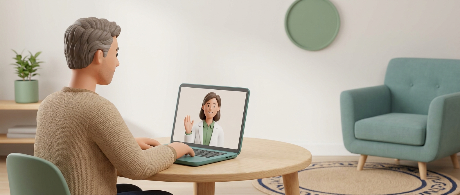 Illustration 3D d'un homme en visioconsultation avec un médecin bienveillant, symbolisant l'évaluation médicale avant traitement