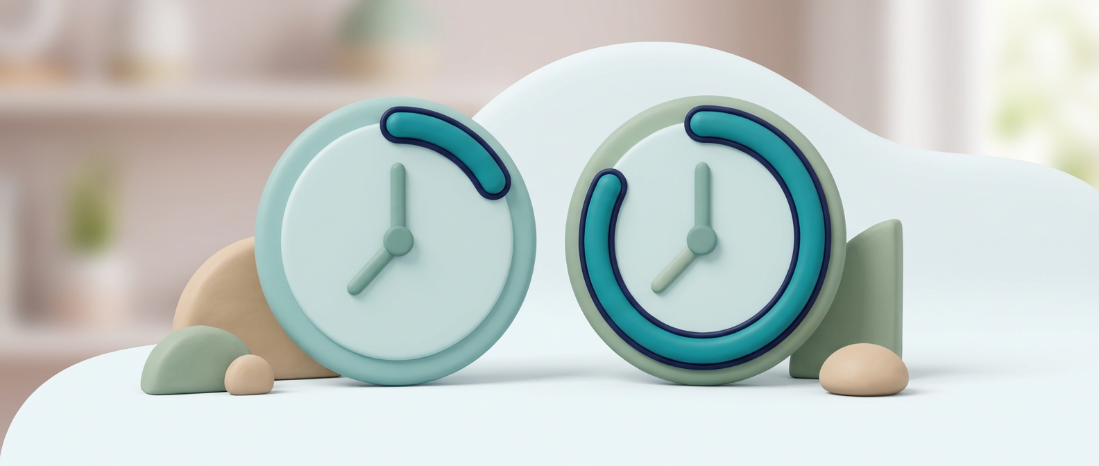 Illustration 3D symbolique de deux horloges comparant la durée d'action de deux traitements, à visée illustrative uniquement