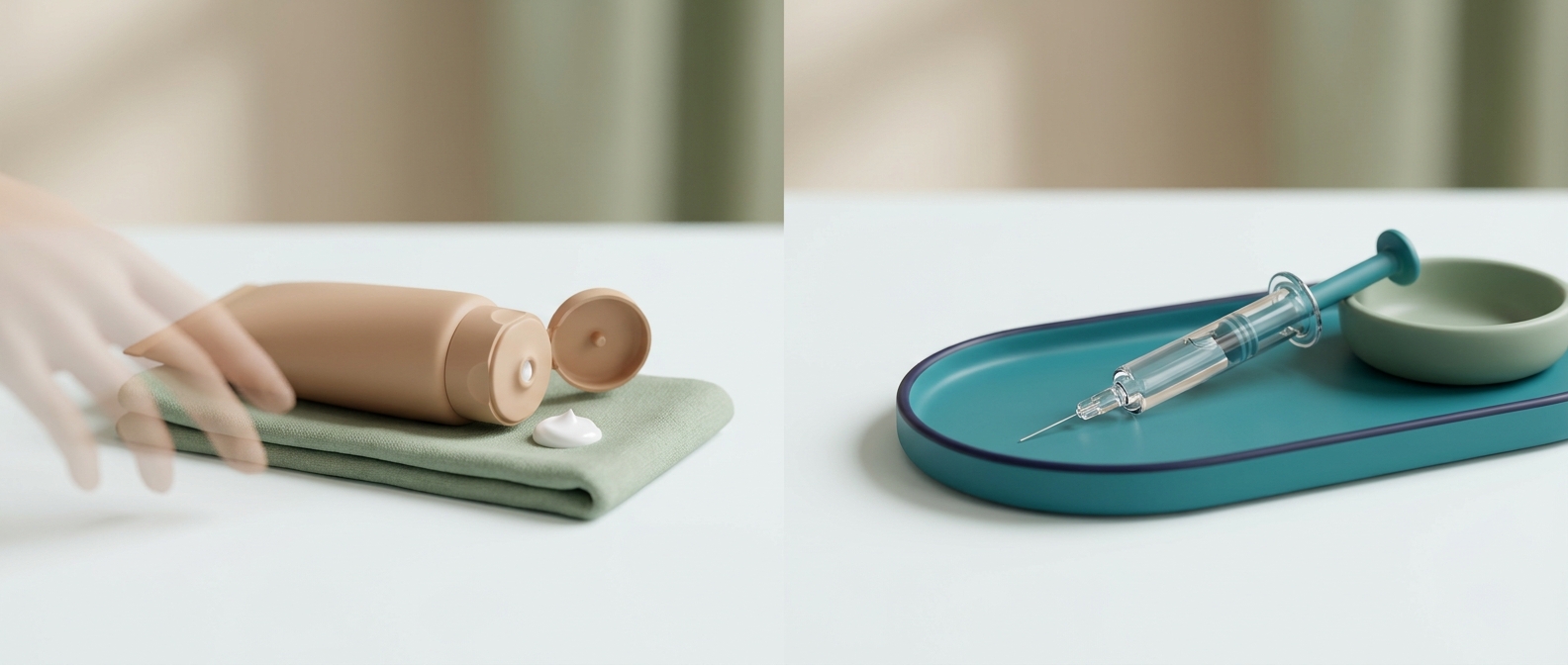 Illustration 3D de deux options de soin des rides placées côte à côte : un tube de crème et une seringue fine, sans marque