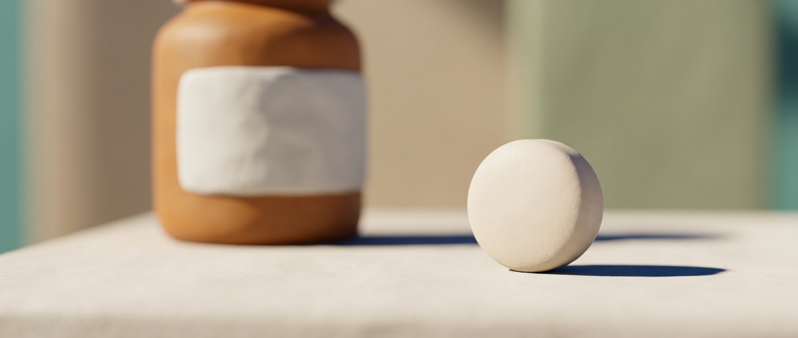 Illustration 3D d'un comprimé non identifié éclairé nettement à la loupe, face à un flacon de pharmacie resté dans l'ombre