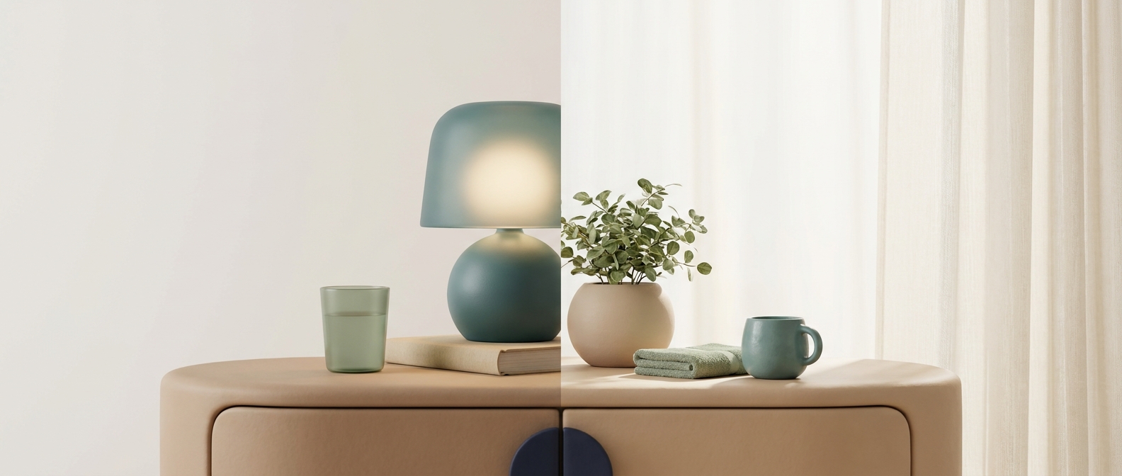 Illustration 3D d'une table de chevet partagée entre une lumière du soir tamisée et une lumière du matin douce, symbolisant la variabilité de l'érection