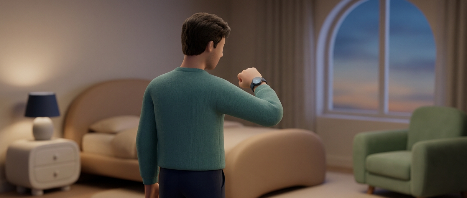 Illustration 3D d'un homme de dos dans une chambre, regardant sa montre avant un moment intime