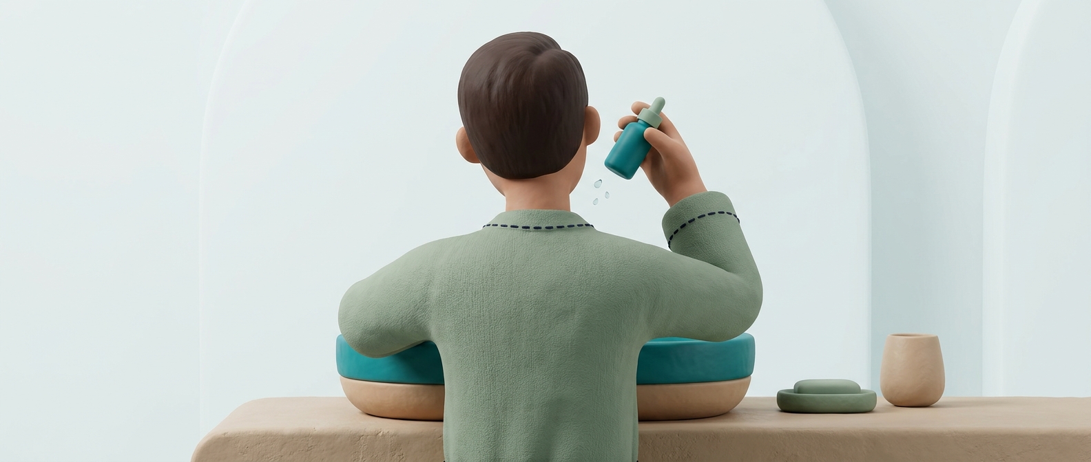 Illustration 3D d'une personne de dos appliquant un sérum sur sa joue, sans visage identifiable