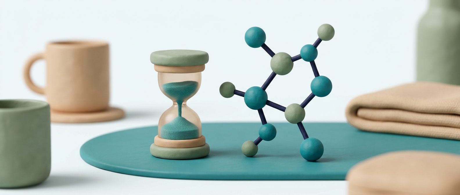 Illustration 3D symbolique d'un sablier à écoulement rapide à côté d'une forme moléculaire stylisée, évoquant une action rapide mais de courte durée