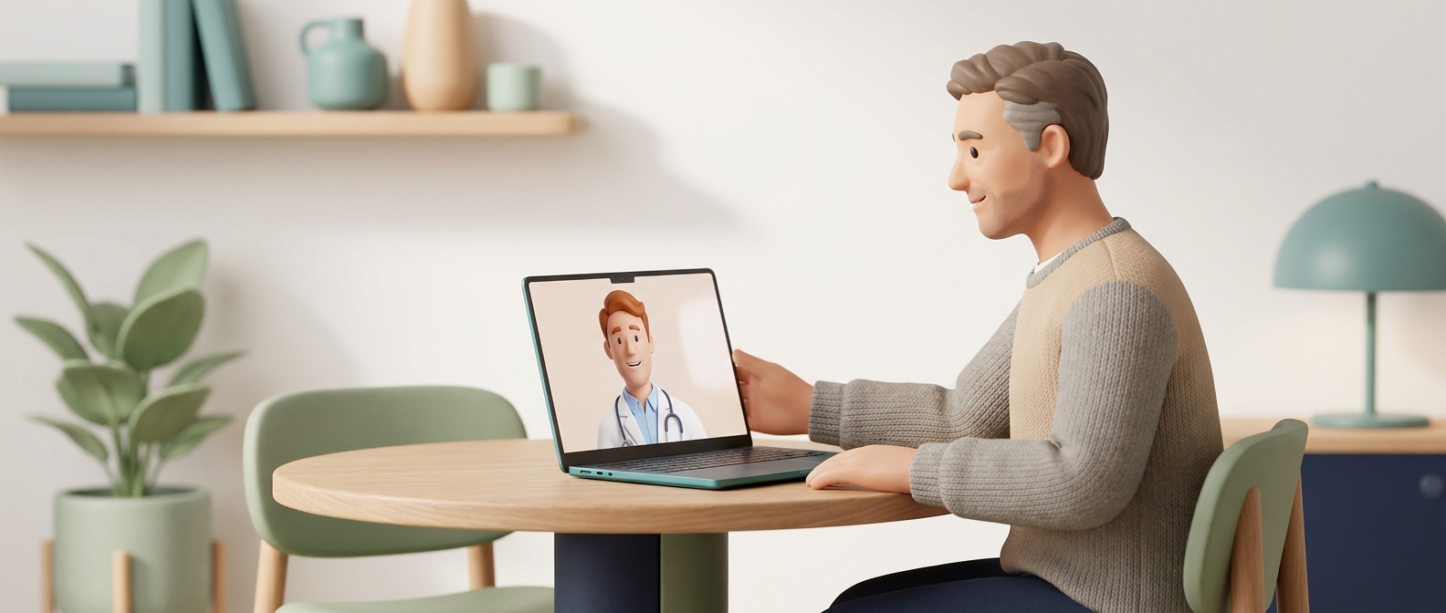 Illustration 3D d'un homme en visioconsultation avec un médecin bienveillant à l'écran, symbolisant l'évaluation médicale avant traitement