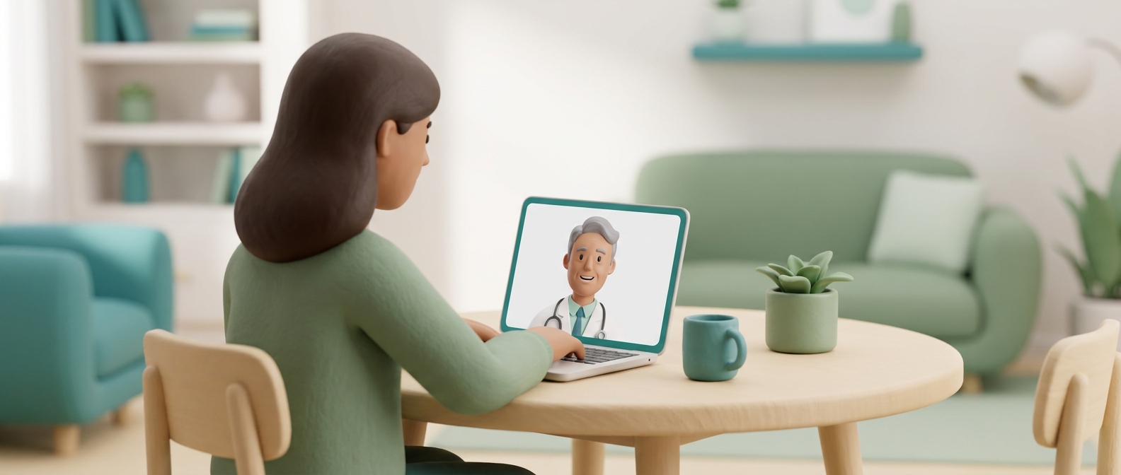 Illustration 3D d’une téléconsultation avec un médecin souriant sur un ordinateur