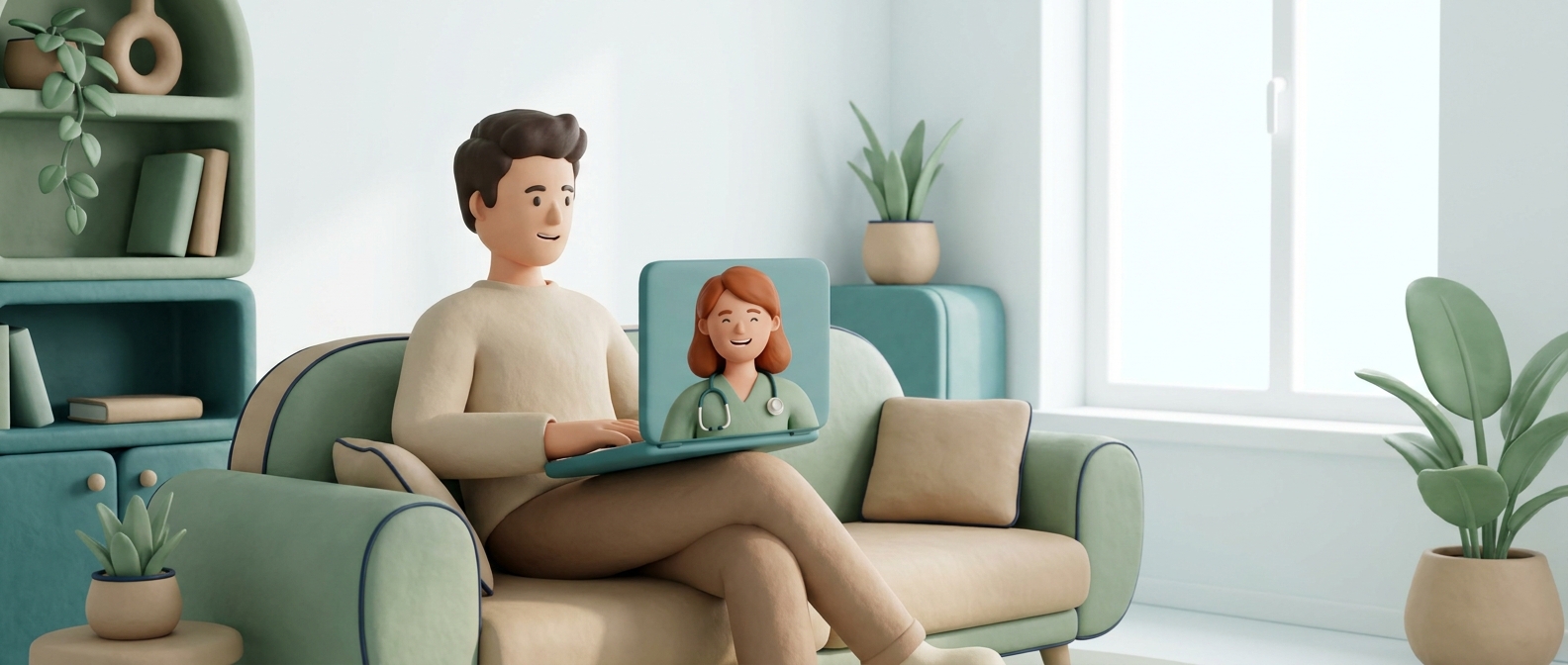 Homme en téléconsultation vidéo depuis son canapé avec un médecin bienveillant visible à l'écran