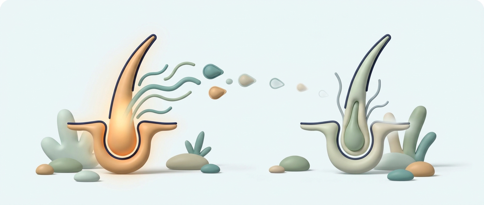 Illustration 3D symbolique d'un follicule pileux stylisé relié à une goutte évoquant le fer, sans caractère médical affirmatif