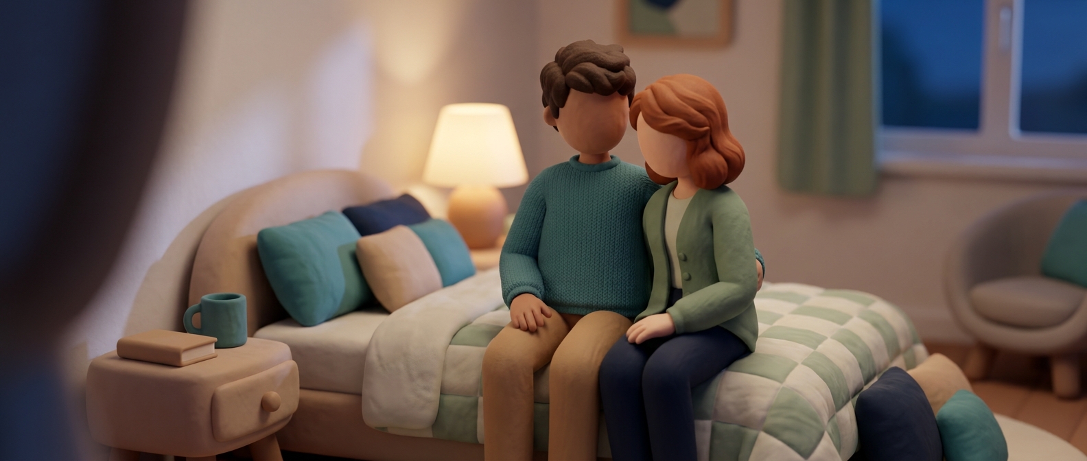 Illustration d'un couple assis côte à côte sur un lit le soir, distance corporelle subtile, ambiance chaleureuse et digne, sans visages identifiables