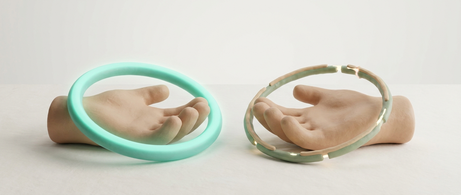 Illustration 3D symbolique d'une paire de mains stylisées entourées d'un fin halo évoquant la barrière cutanée