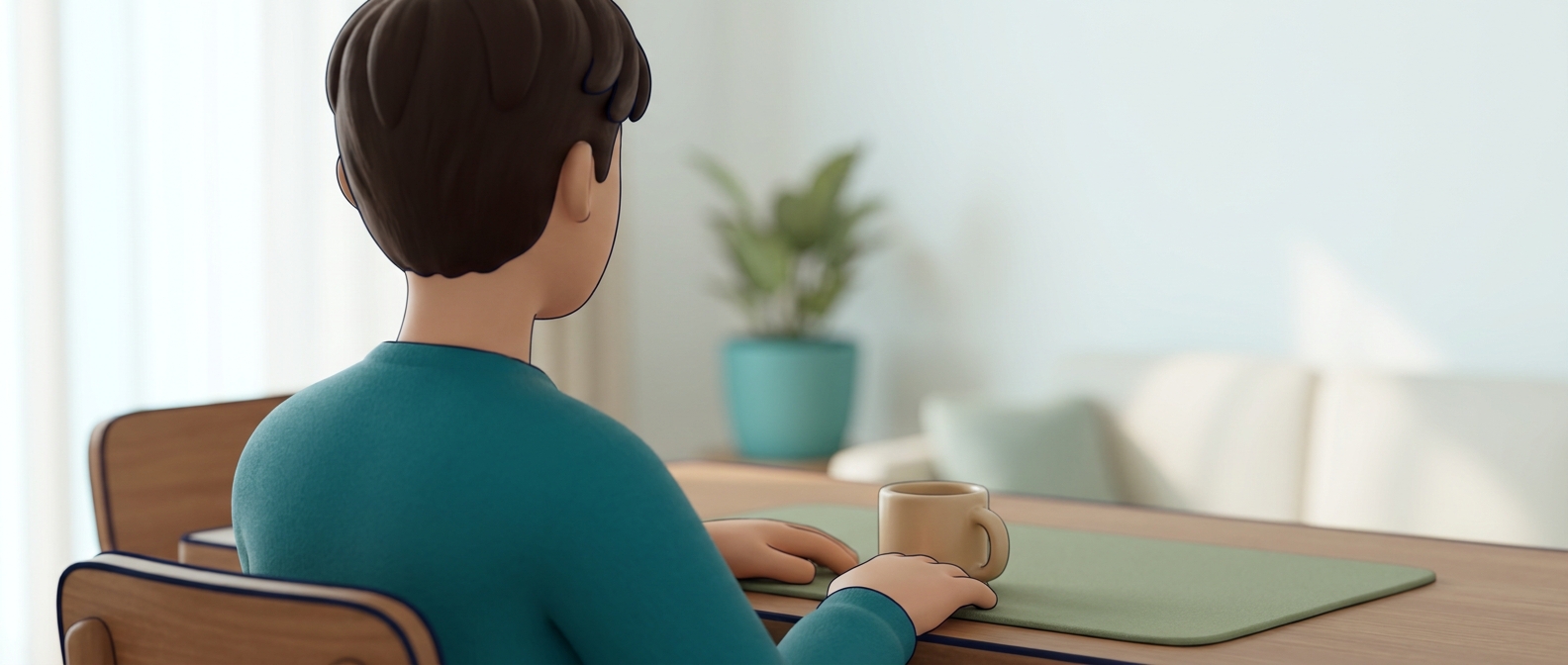 Illustration 3D d'une personne de dos assise calmement avec une tasse, sans visage identifiable