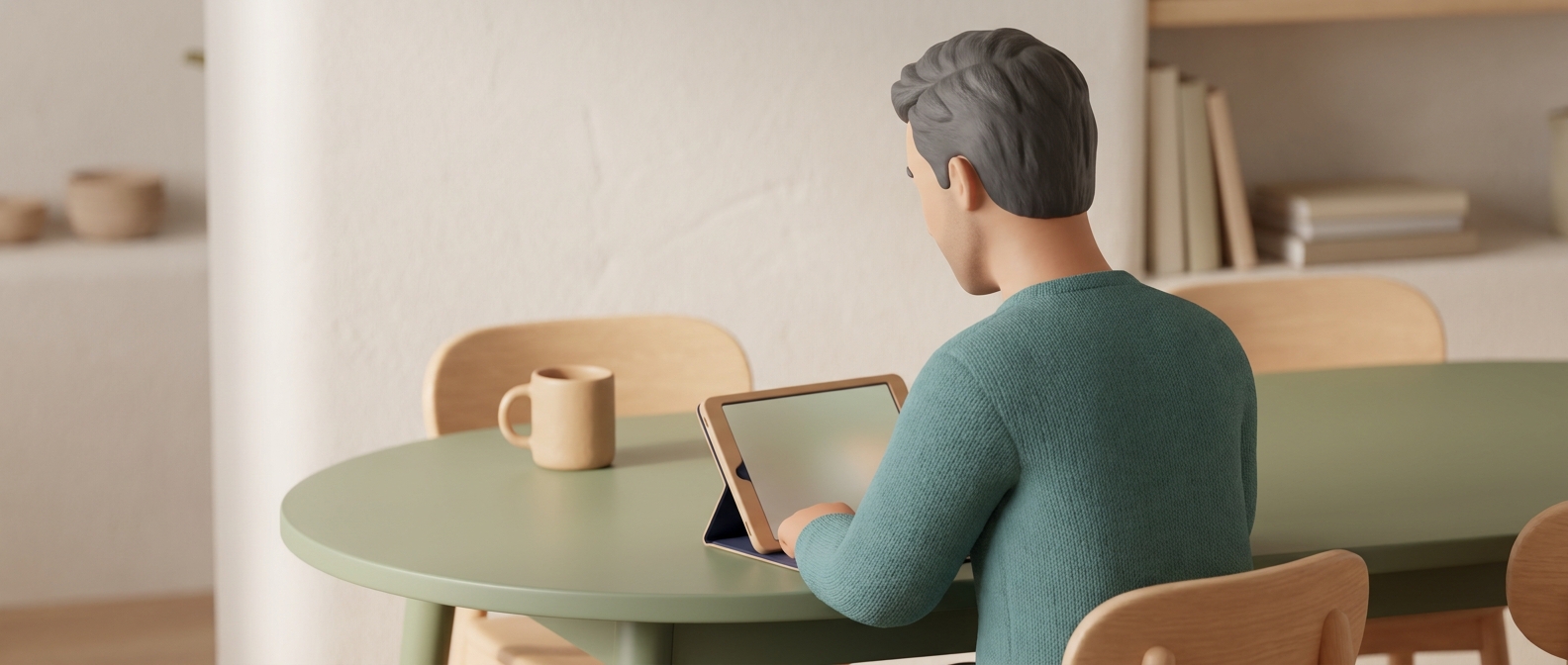 Illustration 3D d'un homme de dos consultant discrètement des informations sur une tablette chez lui