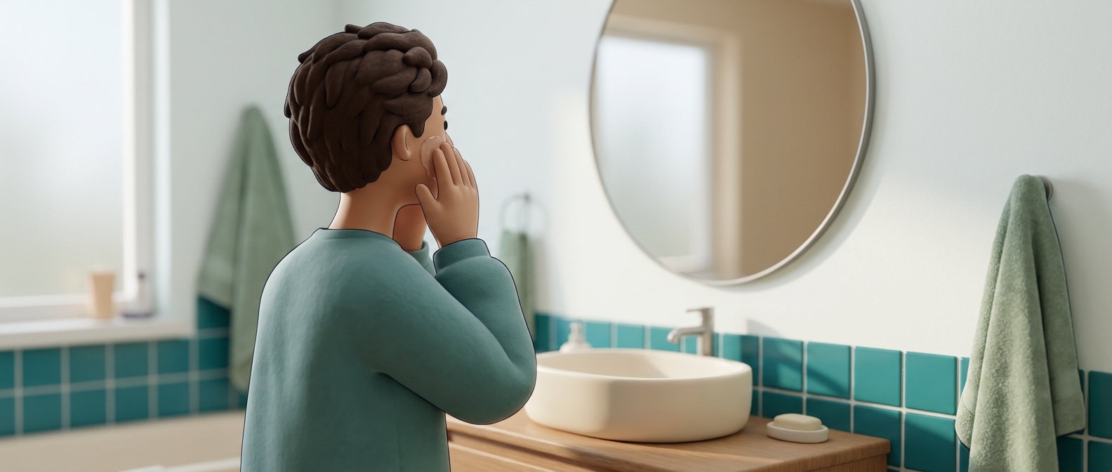 Illustration 3D d'une personne de dos appliquant un soin léger sur le visage devant un miroir, sans visage identifiable