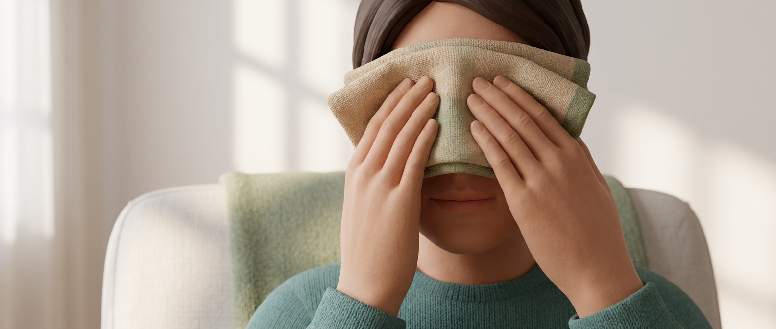 Illustration 3D d'une personne tenant délicatement une compresse tiède sur ses yeux fermés, geste de soin des paupières