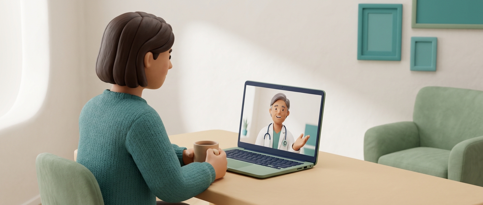 Illustration 3D d'une téléconsultation à domicile avec un médecin bienveillant visible à l'écran