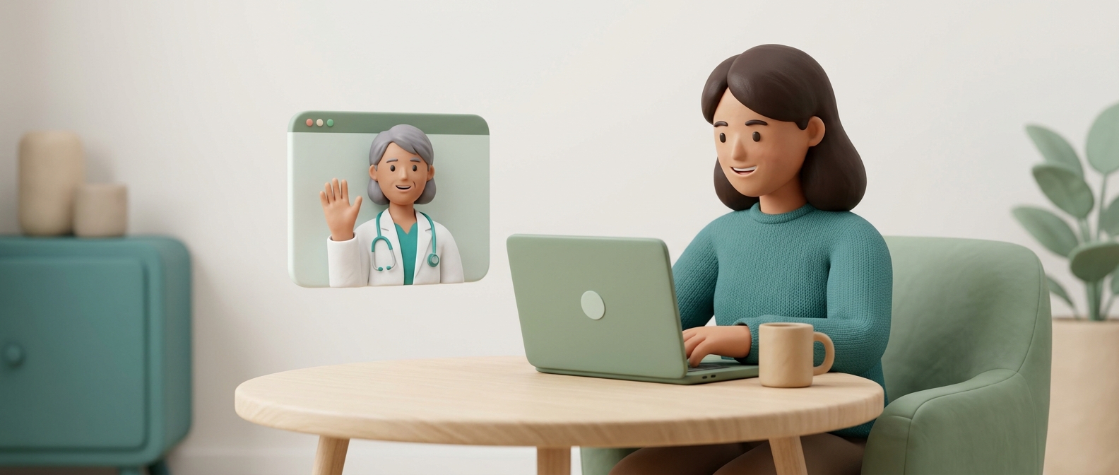 Illustration 3D d'une personne en téléconsultation vidéo avec un médecin bienveillant depuis son domicile