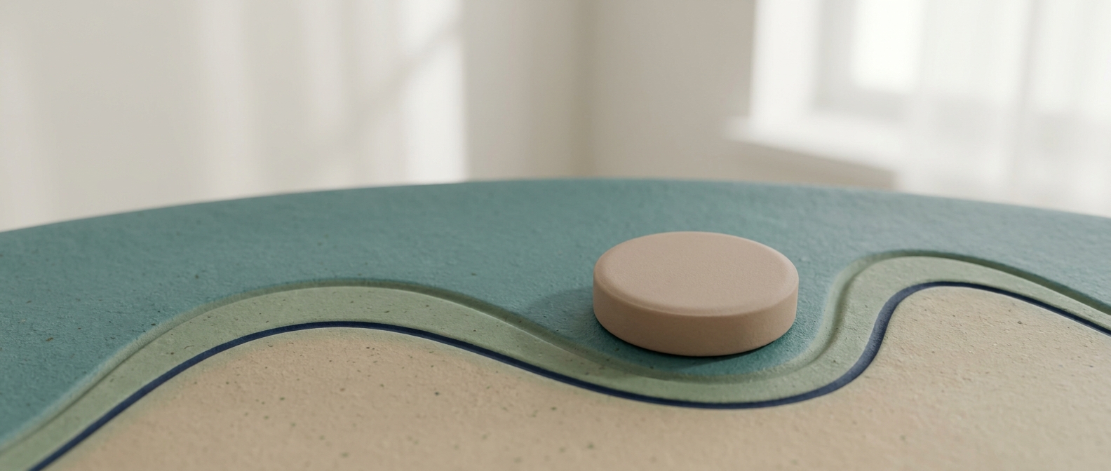 Illustration 3D d'un comprimé posé sur une surface mate parcourue d'une ligne ondulée évoquant un rythme cardiaque calme