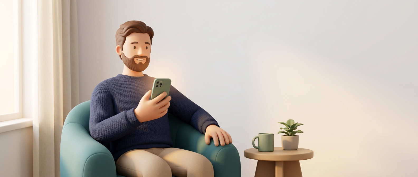 Illustration 3D d'un homme installé chez lui, consultant un message de son médecin sur son téléphone