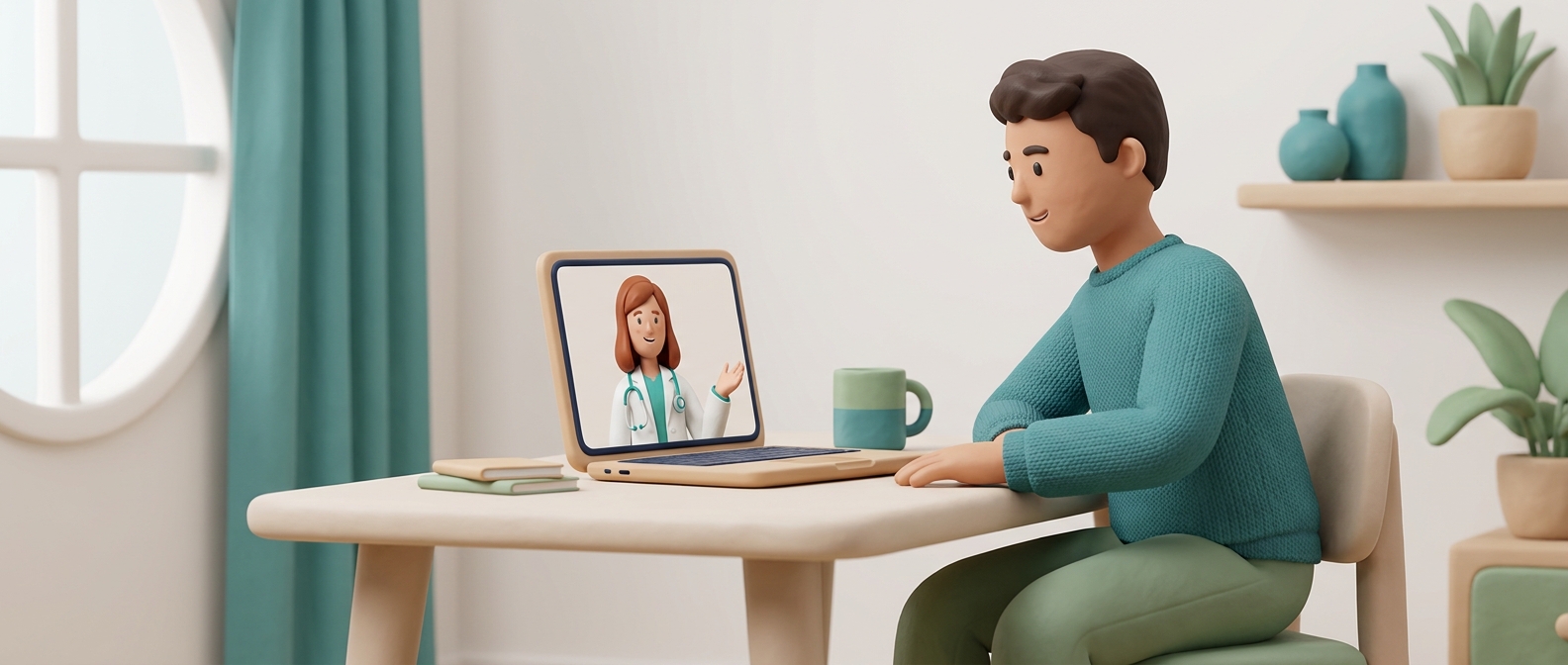 Illustration 3D d'un homme en téléconsultation vidéo à domicile avec un médecin bienveillant en blouse blanche