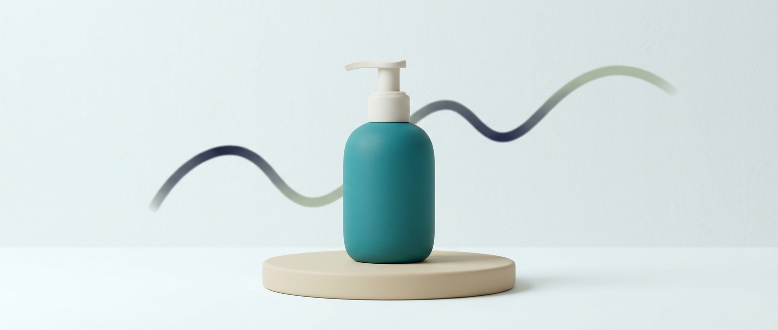 Illustration 3D d'une bouteille de solution topique avec une ligne ondulée évoquant un rythme cardiaque calme en arrière-plan