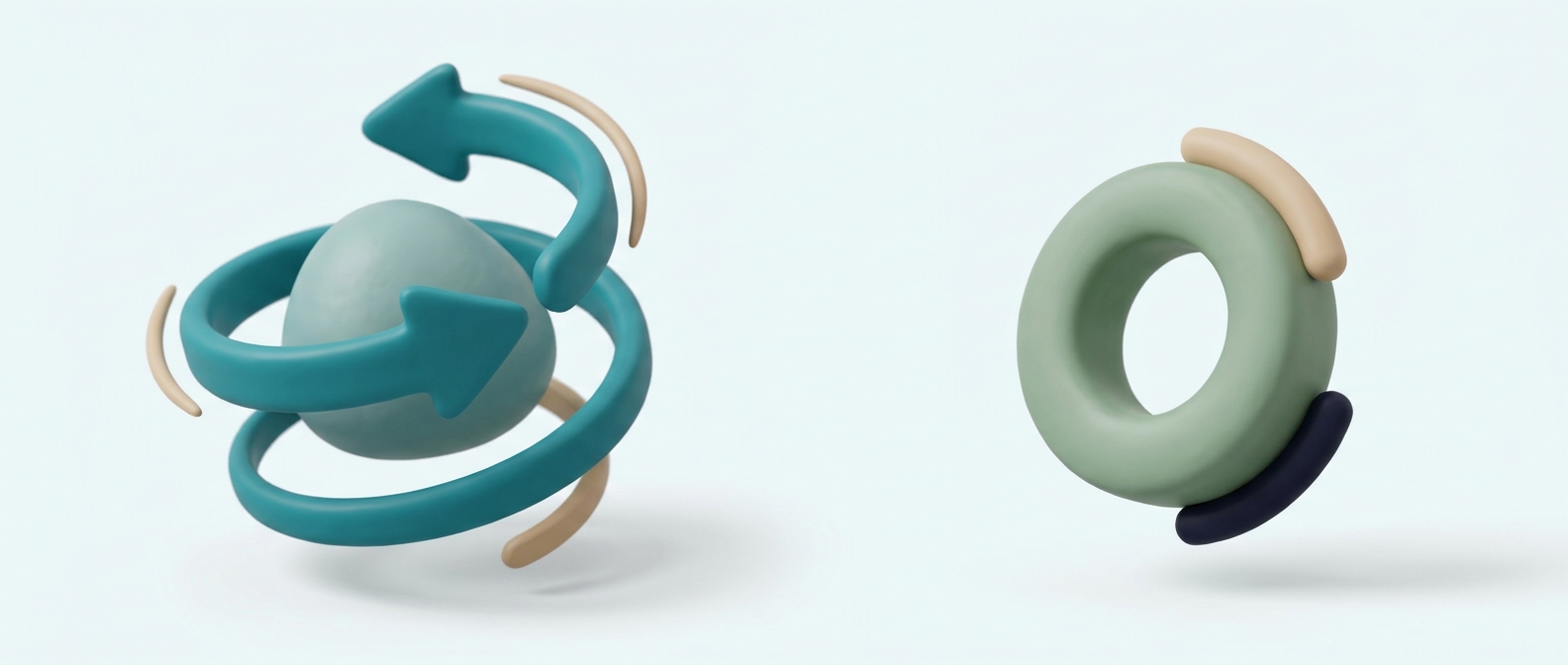 Illustration 3D symbolique de flèches teal en spirale évoquant une circulation, face à un anneau stylisé vert sauge