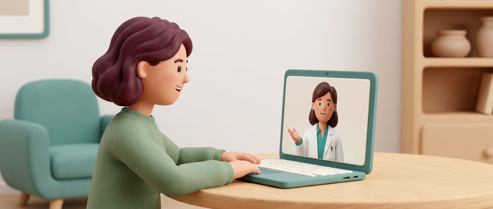 Illustration 3D d'une femme en téléconsultation avec une médecin souriante à l'écran de son ordinateur portable