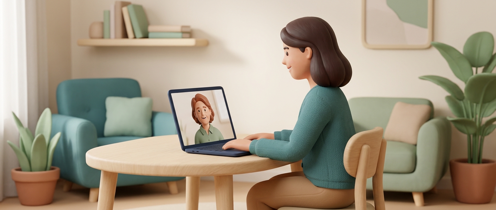 Illustration 3D d'une femme en consultation vidéo à domicile avec un médecin bienveillant à l'écran