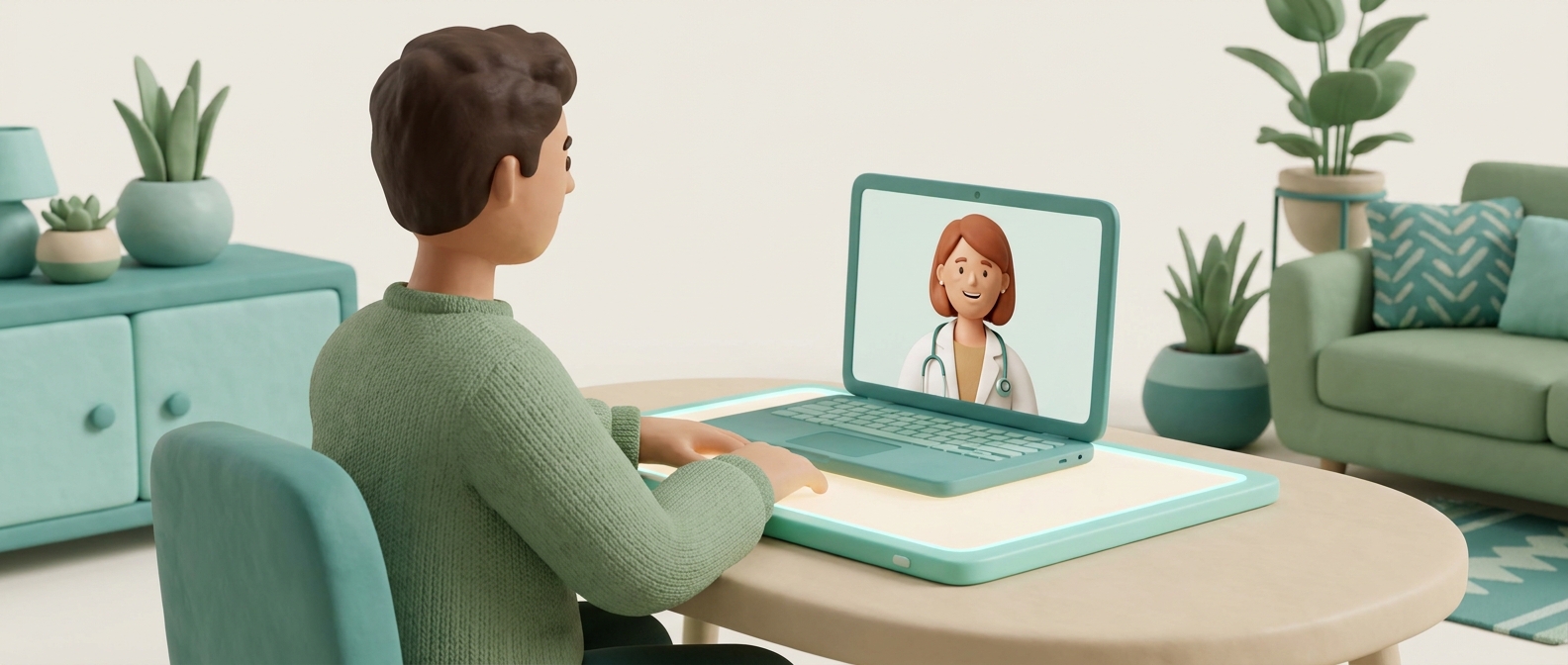 Illustration 3D d'une téléconsultation médicale à domicile, sur un ordinateur portable