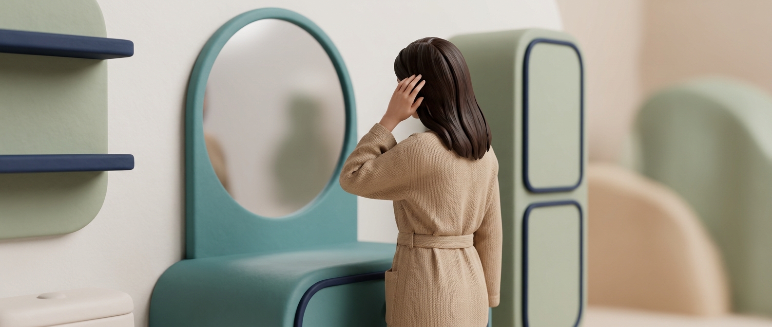 Illustration 3D d'une femme vue de dos, la main dans les cheveux près de la raie, dans une salle de bain lumineuse