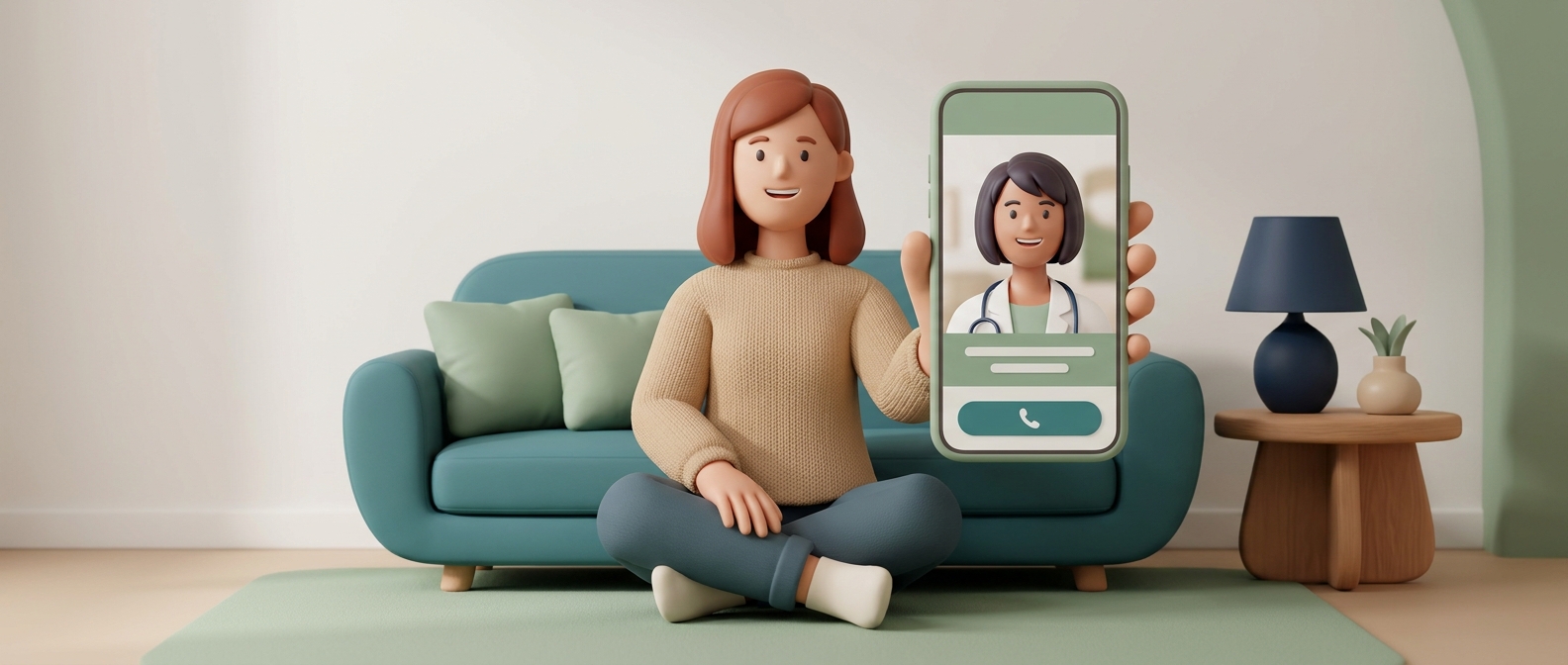 Illustration 3D d'une personne échangeant avec une médecin souriante en téléconsultation sur son téléphone