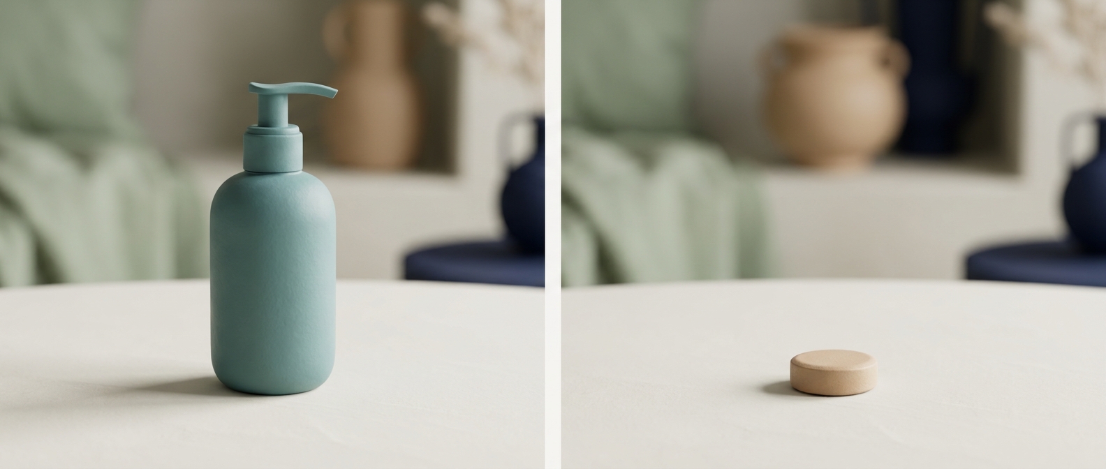 Illustration 3D : un flacon pompe de lotion à gauche, un comprimé à droite, séparés par une ligne — les deux formes de traitement