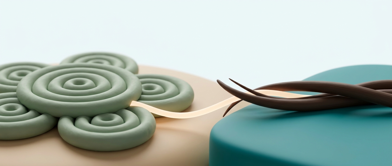 Illustration 3D symbolique reliant un motif de cycle hormonal à quelques mèches de cheveux, évoquant un lien invisible entre hormones et chute de cheveux