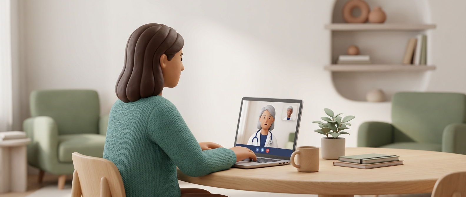 Personne en téléconsultation vidéo avec un médecin depuis son domicile, ambiance chaleureuse et rassurante.