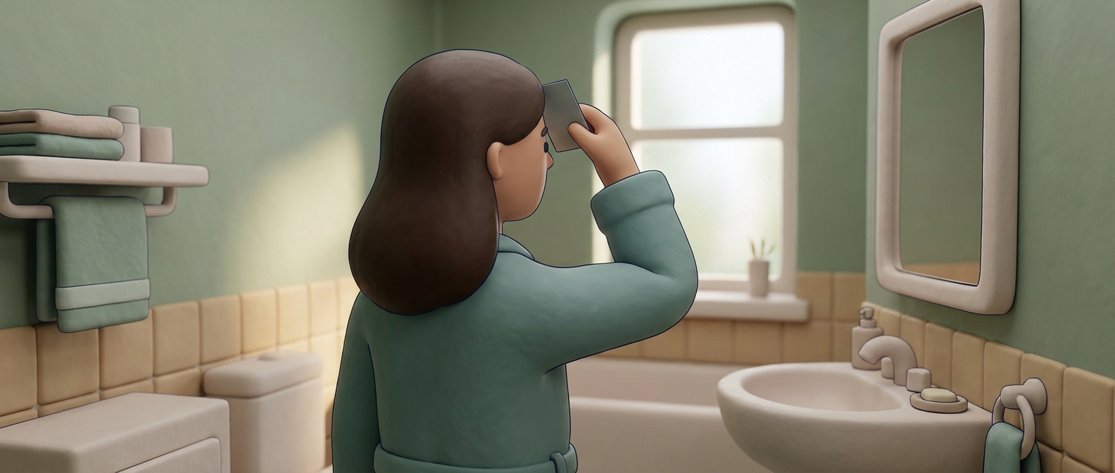 Illustration 3D d'une personne de dos tamponnant son front avec un papier matifiant devant un miroir, sans visage identifiable