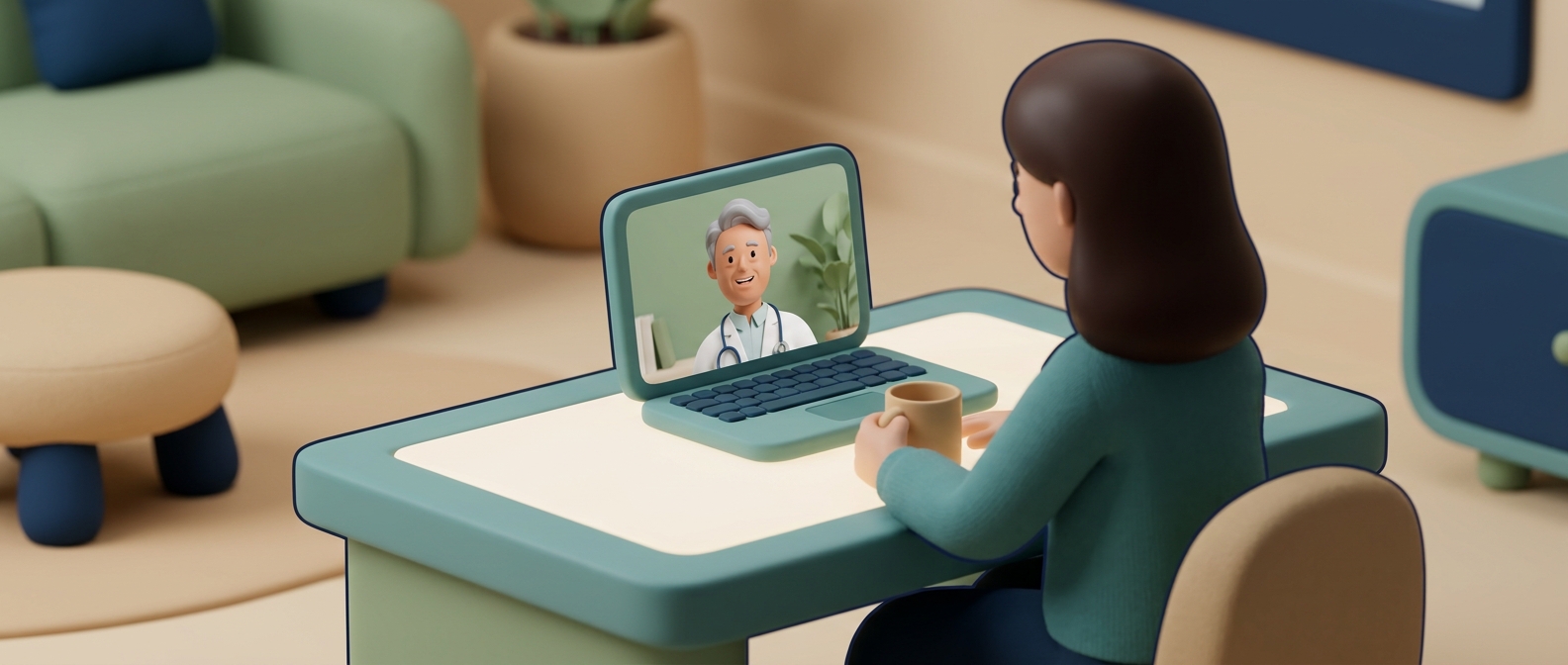 Illustration 3D d'une personne en téléconsultation vidéo à domicile avec un médecin accueillant et rassurant