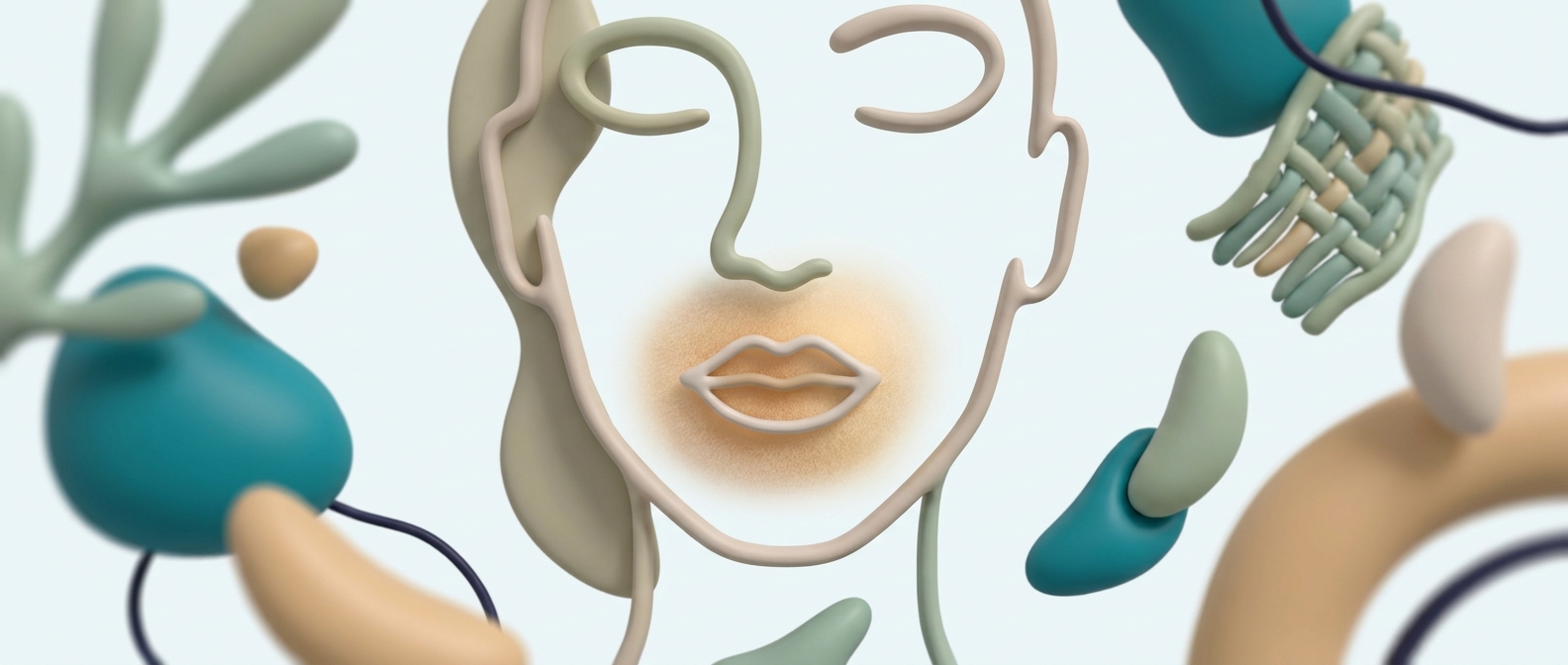 Illustration 3D symbolique d'un contour de visage neutre avec la zone autour de la bouche doucement mise en valeur, le bord des lèvres resté neutre