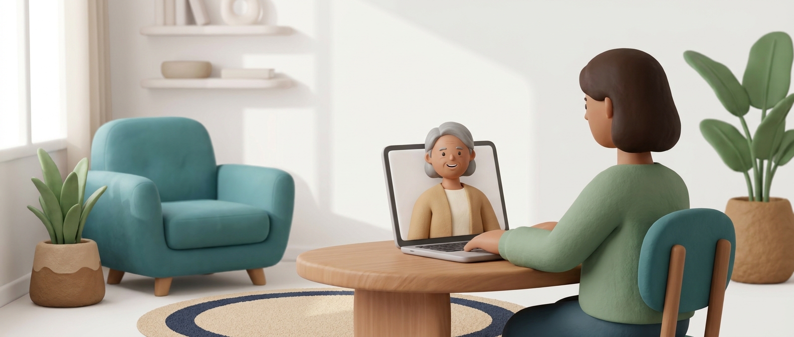Illustration 3D d'une personne en visioconsultation médicale à domicile avec un médecin souriant à l'écran