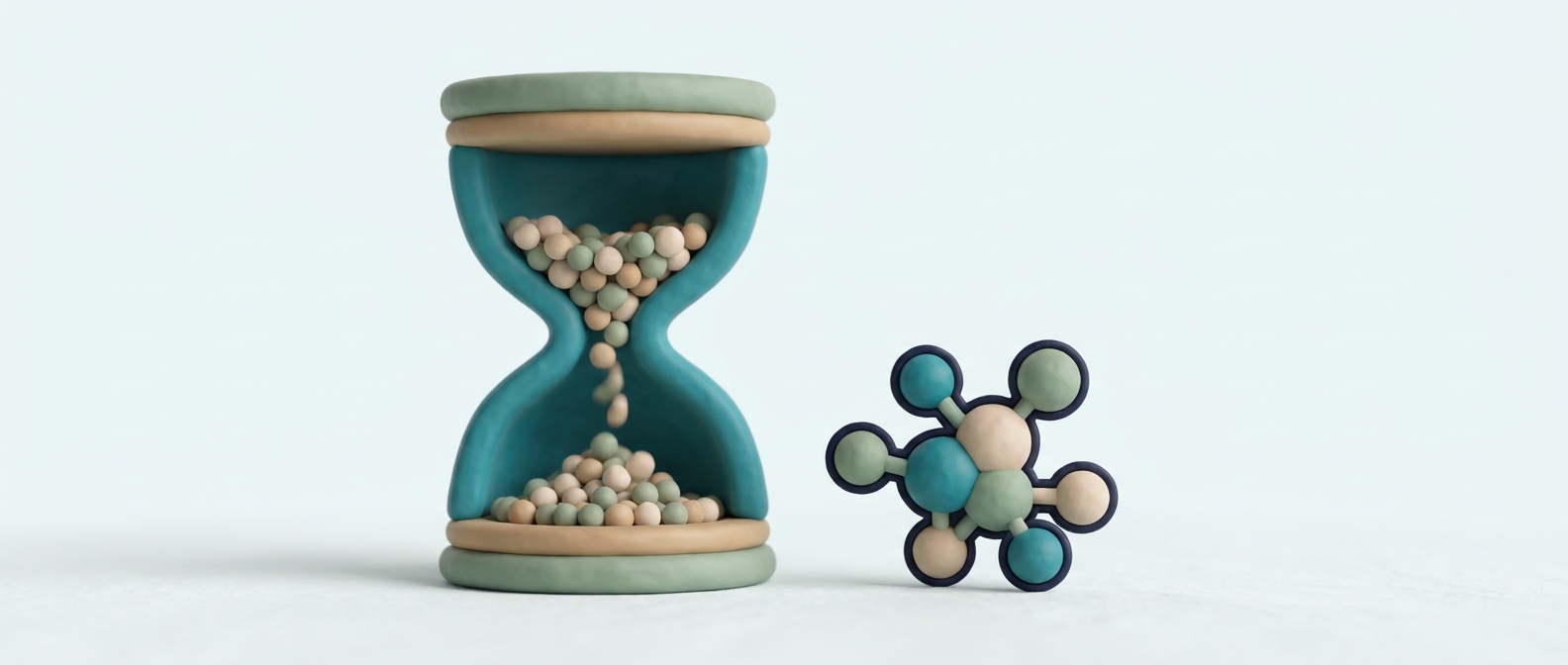 Illustration 3D symbolique d'un sablier à écoulement lent à côté d'une forme moléculaire stylisée, évoquant une durée d'action prolongée